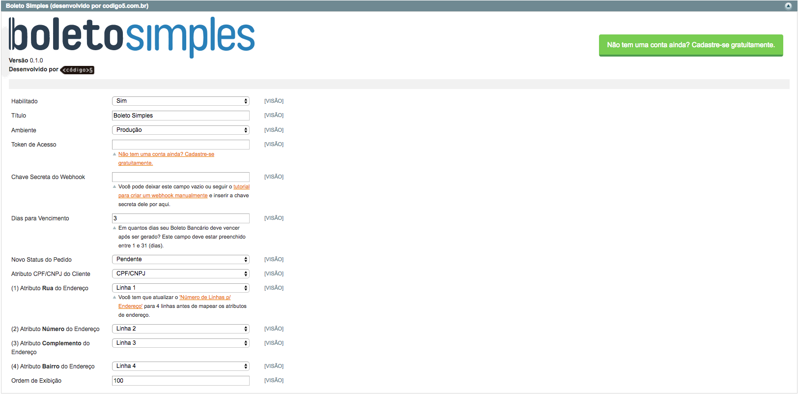 1. Tela de Configurações do Módulo