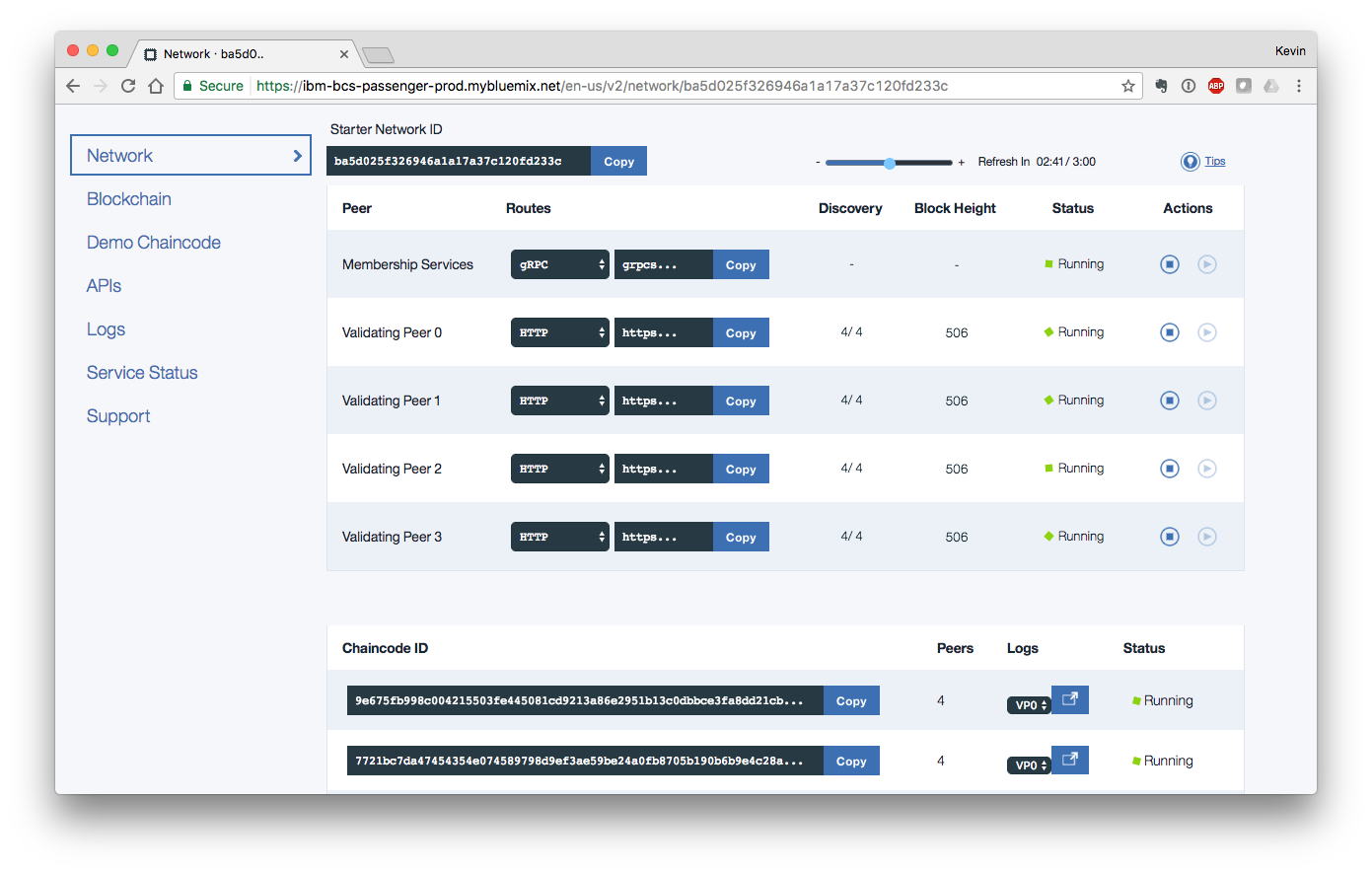 URL for validating peer, and chaincode ID for application integration.