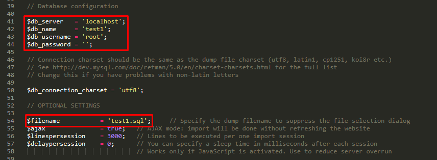 Modify these lines according to your username, password, database and sql file.