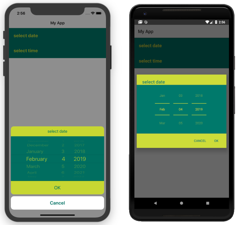 DatePickerField with CSS applied on iOS (left) and Android (right)