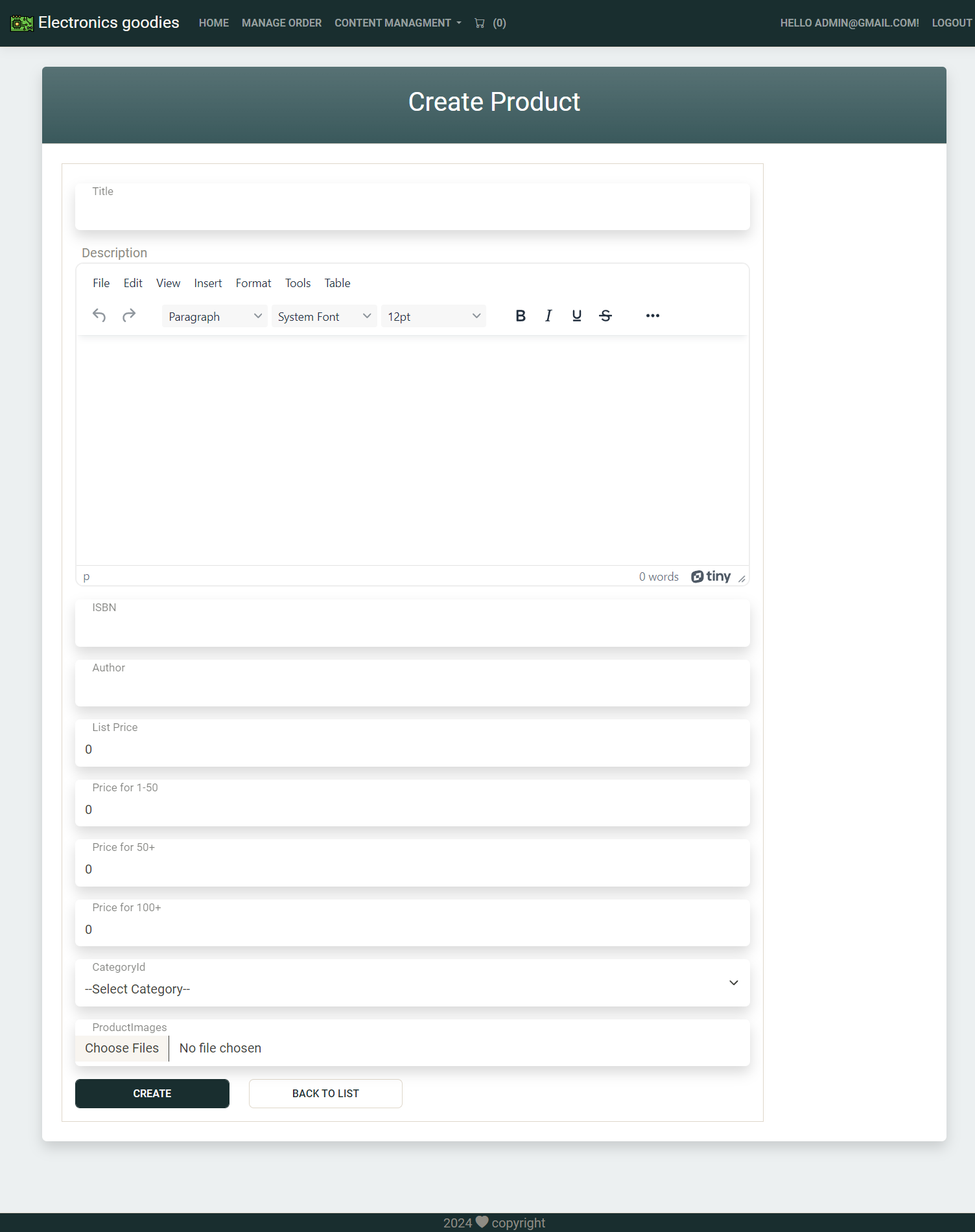 Admin Product add Page