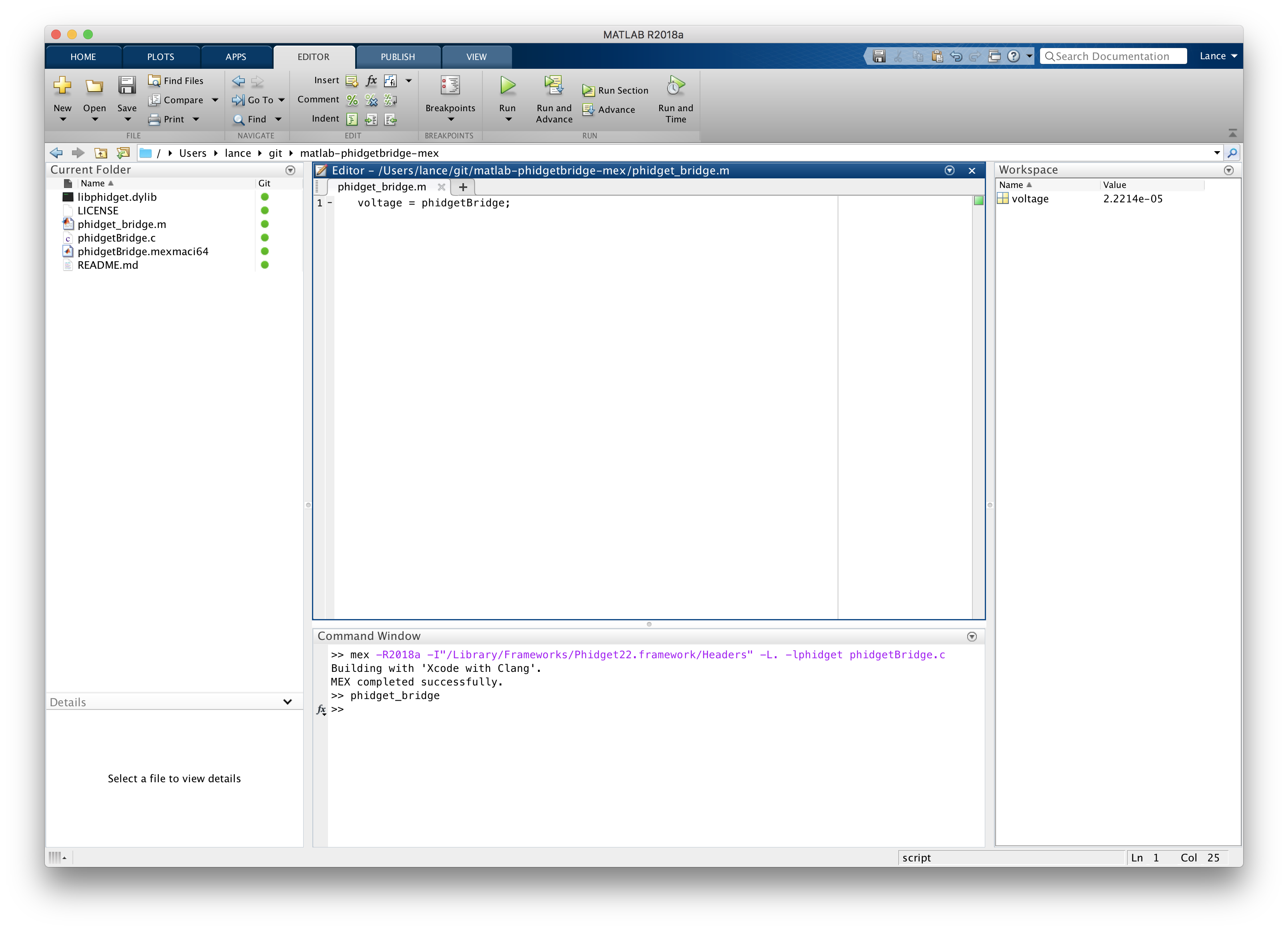 Screenshot of MATLAB PhidgetBridge