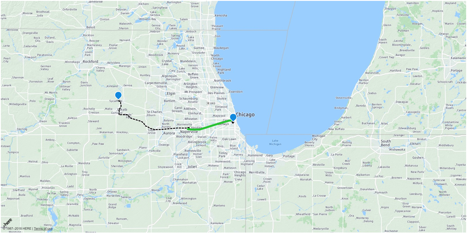 HERE Map with PnR route to Chicago HERE office