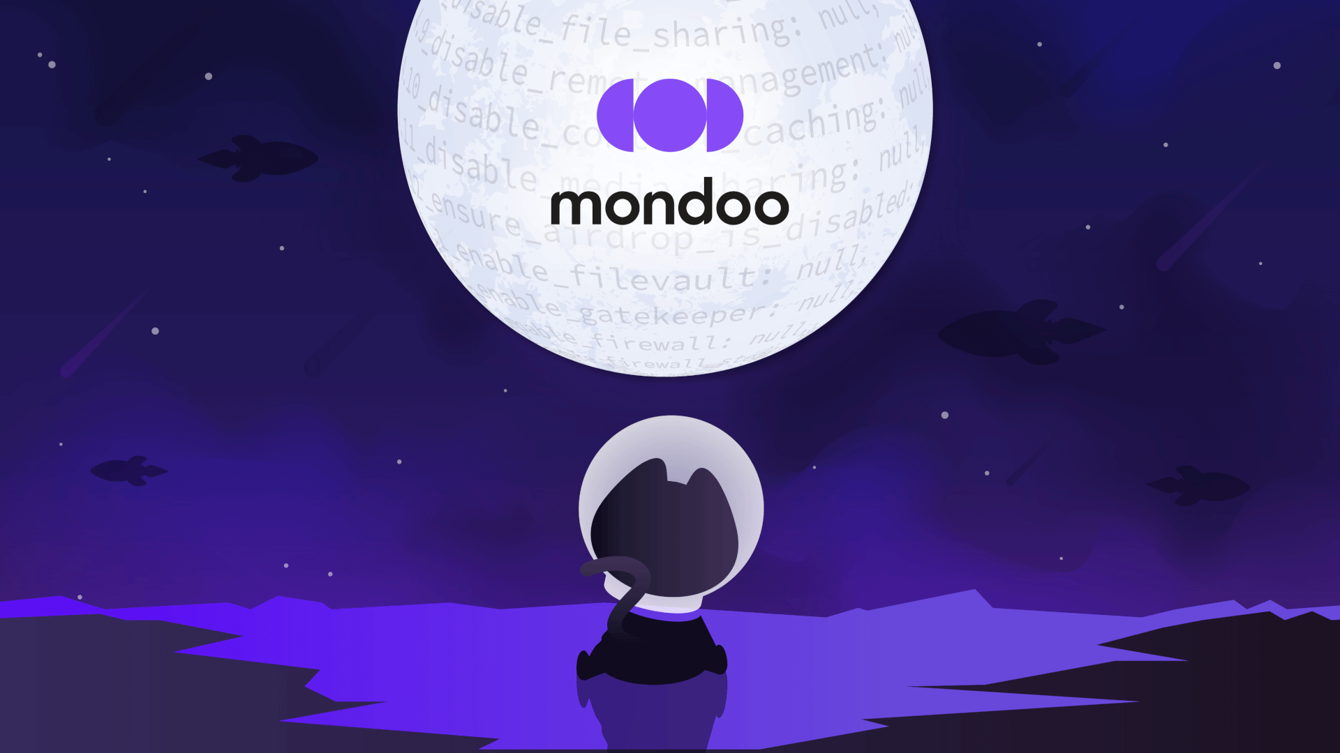 An illustration showing a space kitty dreaming of exploring new worlds with Mondoo