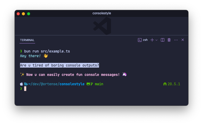 consolestyle demo in vscode terminal