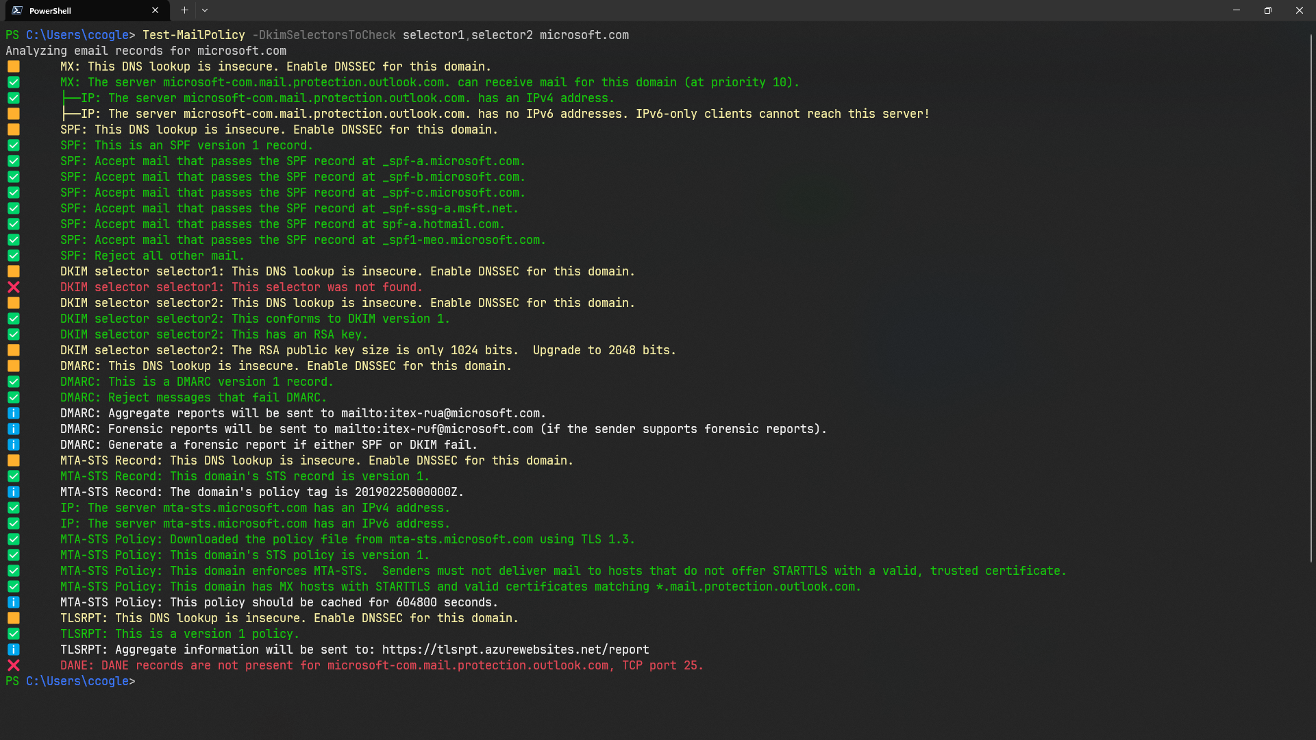 MailPolicyExplainer's output when running:  Test-MailPolicy -DkimSelectorsToCheck 'selector1','selector2' microsoft.com