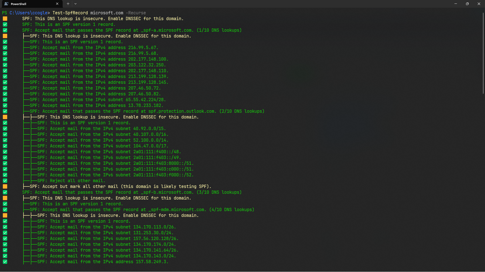 MailPolicyExplainer's output when running:  Test-SpfRecord -Recurse microsoft.com