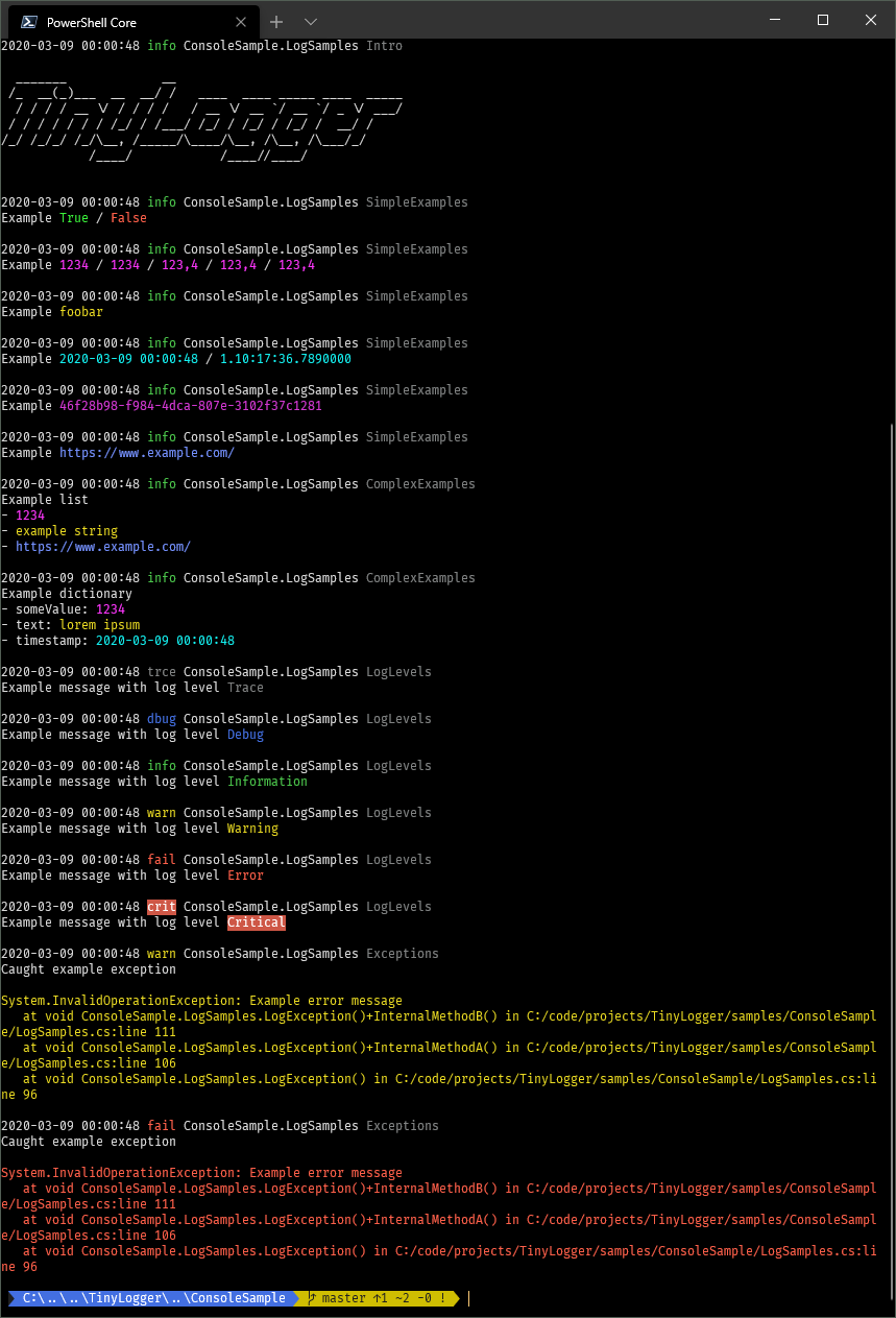 Screenshot of sample output with TinyLogger